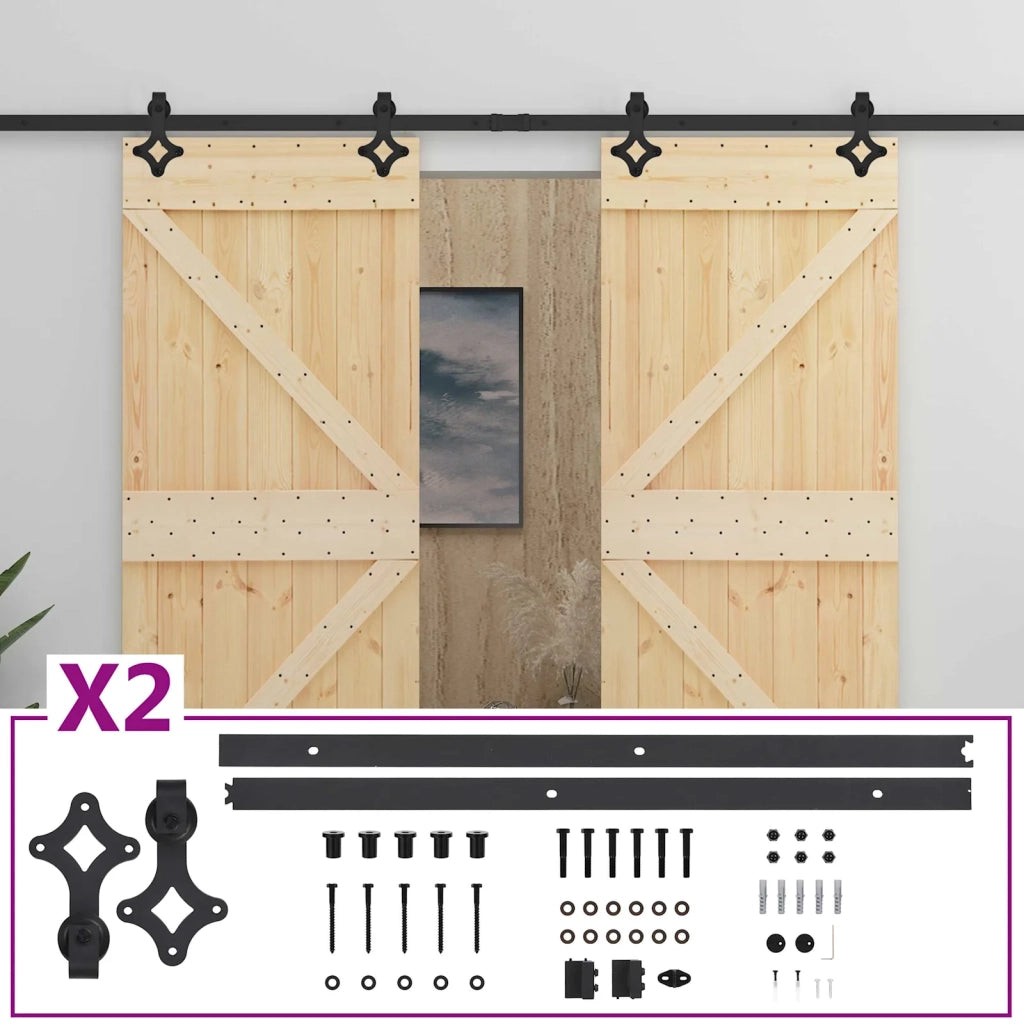Porta scorrevole 2 pcs Naturale e Nero Legno Massello di Pino