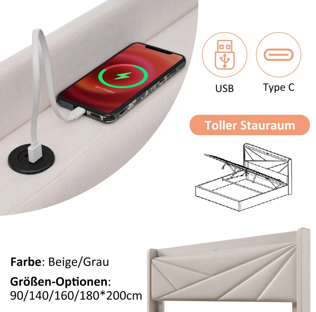Letto matrimoniale 160x200 cm con contenitore; testiera con USB e Type-C; beige in cotone e lino