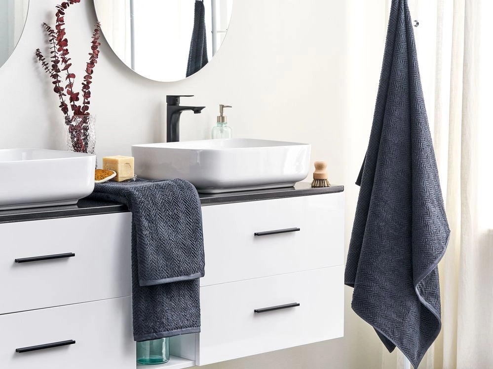 Set di 2 asciugamani in morbido cotone blu scuro con motivo a spina di pesce stile classico ospiti bagno