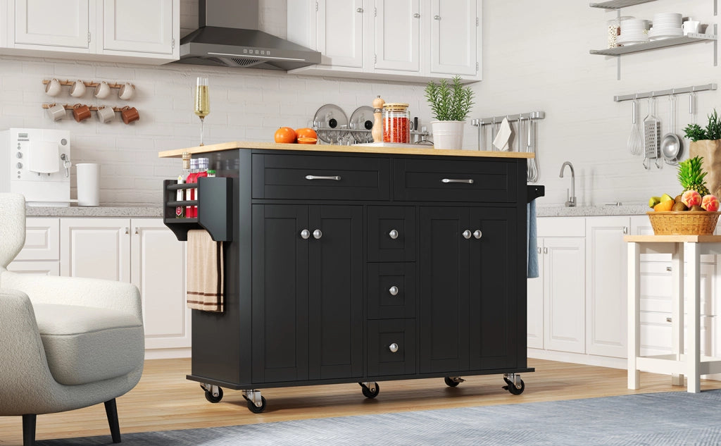 Carrello da cucina con piano ribaltabile, 5 cassetti, 2 armadietti, portaspezie e portasciugamani, in MDF, nero naturale