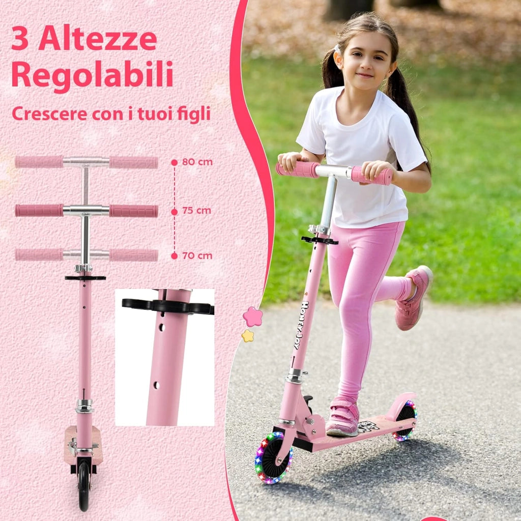 Monopattino Bambini, Monopattino Bambino e Bambina +3 Anni Pieghevole con 2 Ruote Lampeggianti, Manubrio Regolabile e Freno (Rosa)