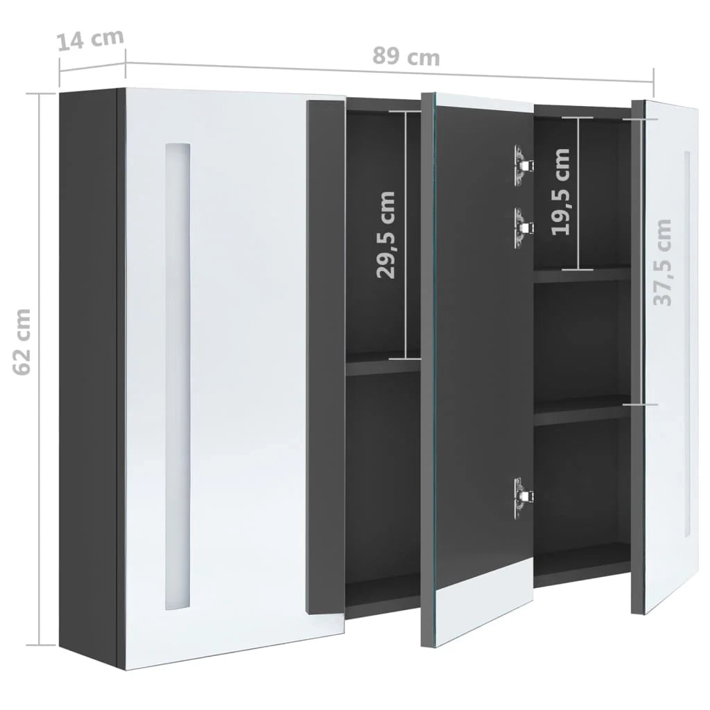 Mobiletto da bagno con specchio LED 89 x 14 x 62 cm grigio 02_0006575