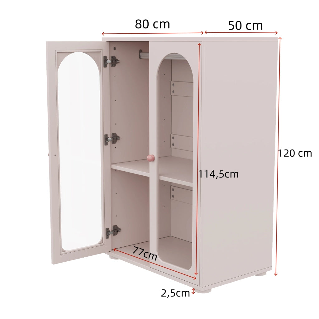 Armadio a 2 ante con ripiani regolabili e ante trasparenti per camera da letto e cameretta in mdf e acrilico rosa
