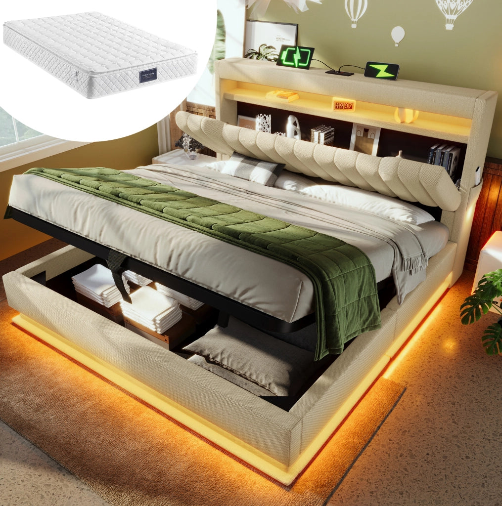 Letto matrimoniale 140x200 beige con materasso, LED, USB-C e contenitore idraulico