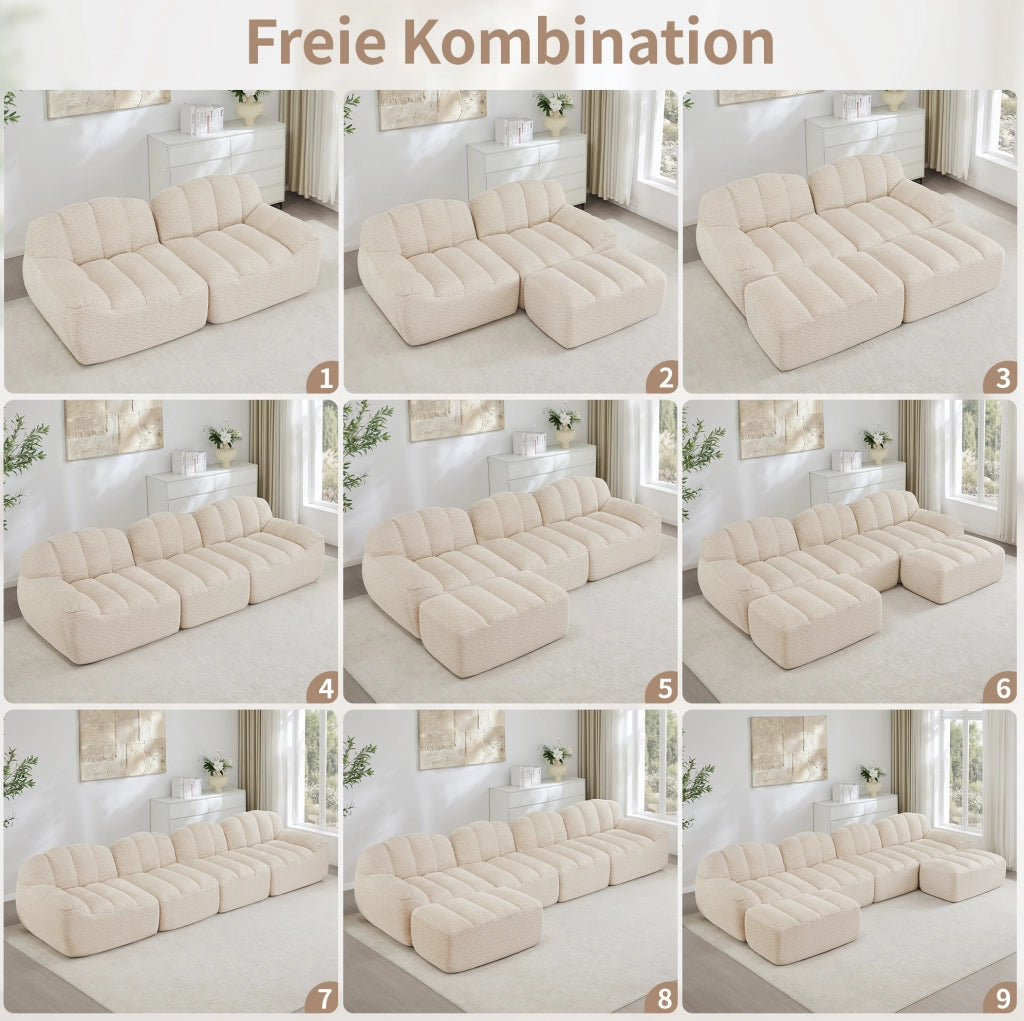 Divano modulare senza struttura a U; 4 posti; con 2 ottomani; in fleece granulato beige bianco
