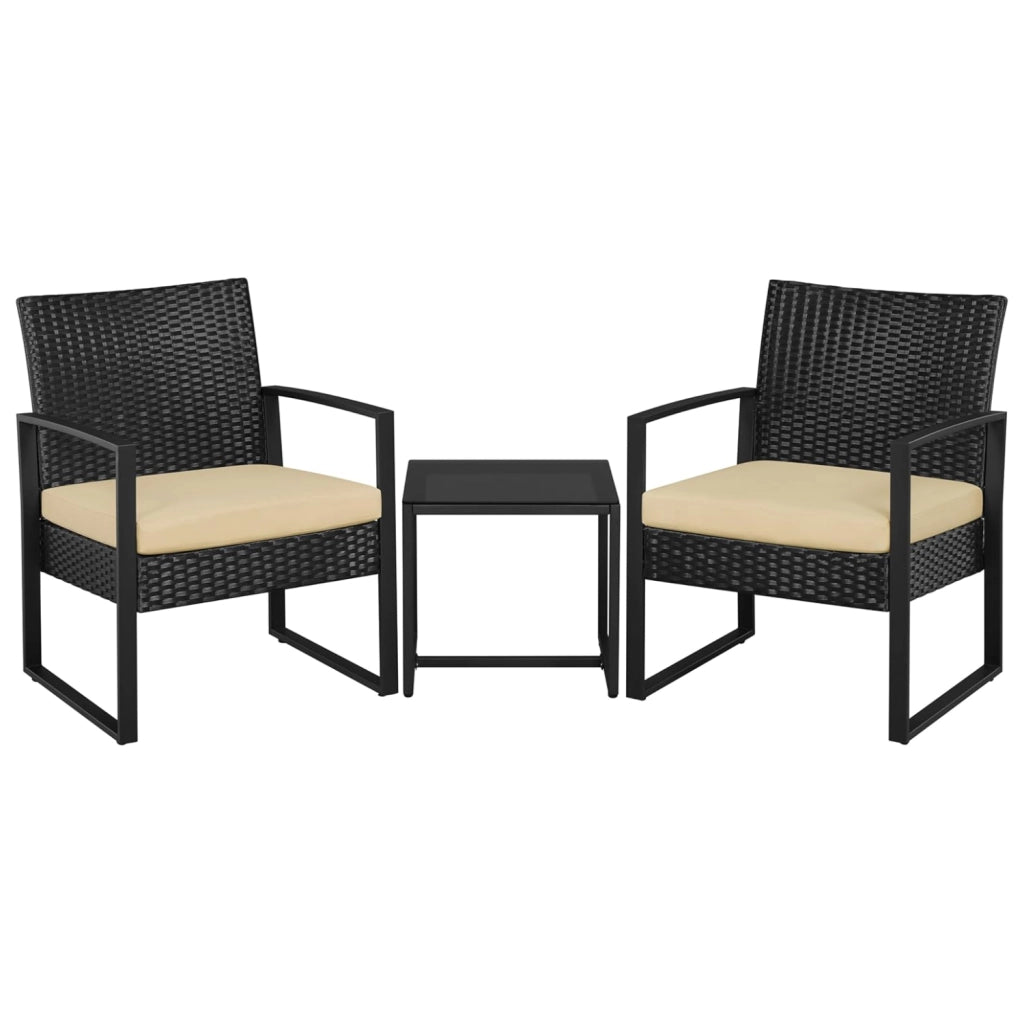 Set Arredo Da Giardino 2 Poltroncine Con Tavolino Ideale Per Esterno Balcone Terrazzo Patio Sedie Con Cuscini Beige Polyrattan E Metallo Design Moderno 57.5 x 63 x 76 Cm Nero