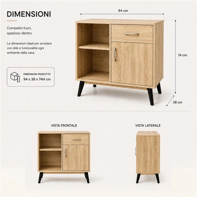 MOBILE MODERNO IN LEGNO CON 2 RIPIANI, 1 ANTA E CASSETTO COLORE ROVERE DIMENSIONI 94X38X74 CM