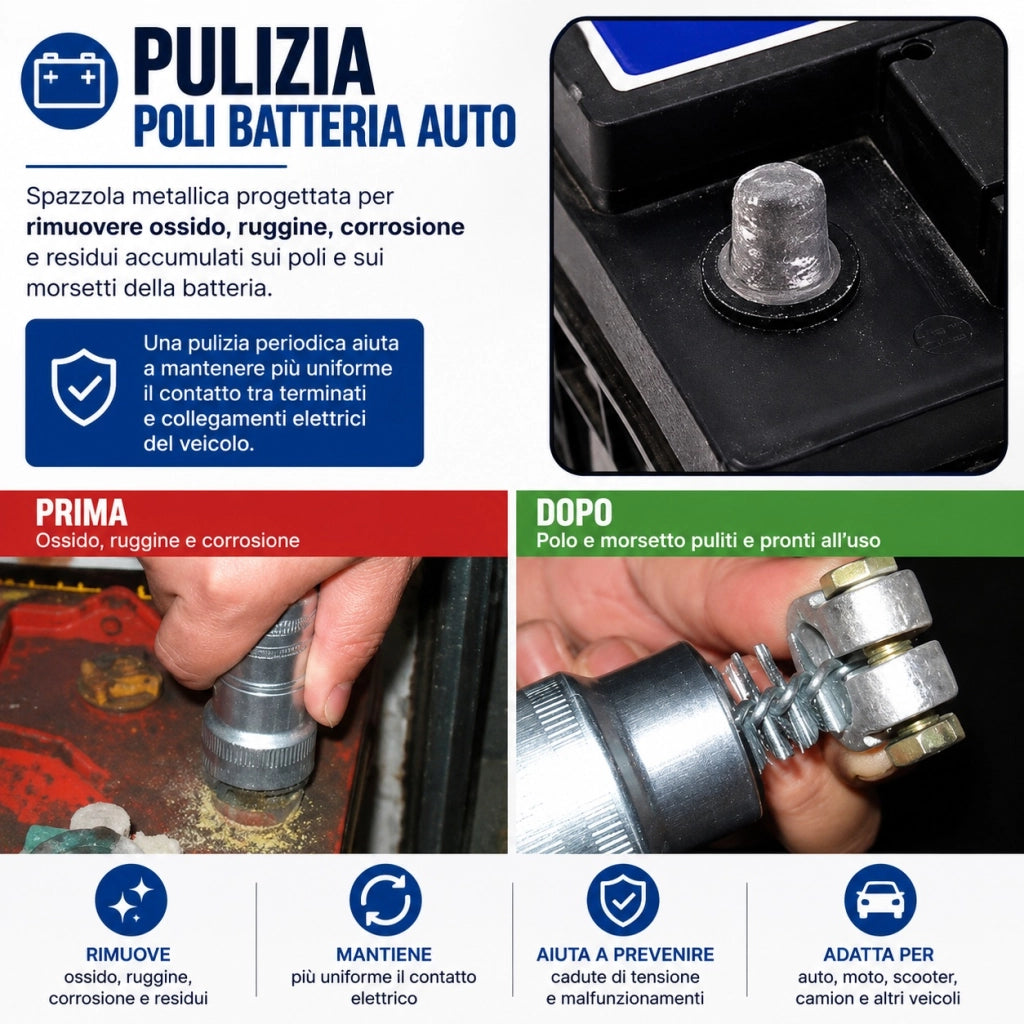 Spazzola Poli Batteria Auto Pulitore Morsetti Acciaio FS-22011