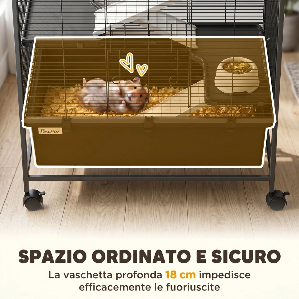 Gabbia per Conigli in Acciaio a 4 Livelli con Piattaforme. Rampe. Ruote. Serbatoio Acqua e Vassoio Rimovibile. Nero