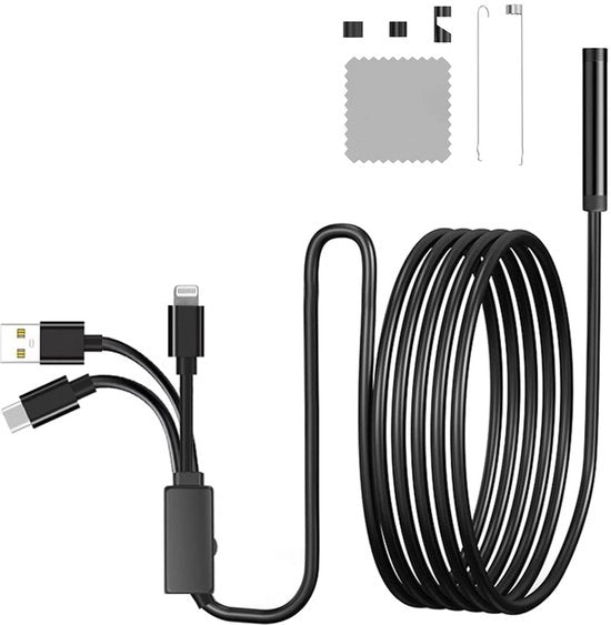 Camera di ispezione 3-in-1 - Endoscopio - Sonda flessibile - Cavo di 5 metri - 200 Pixel - Compatibile con iOS/Android - Endoscopio