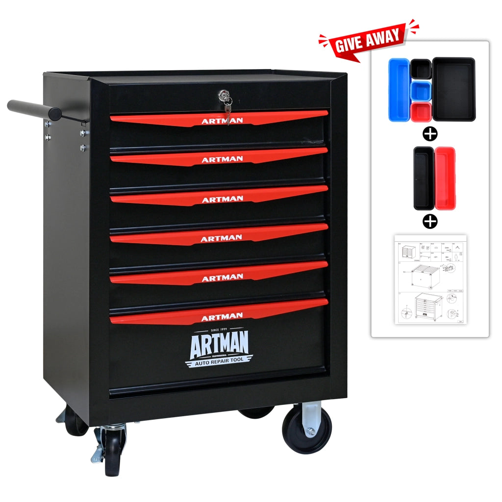 Cassettiera con ruote a 6 cassetti in acciaio con serratura, per garage e officina, nero e rosso, 60 × 33 × 77,5 cm