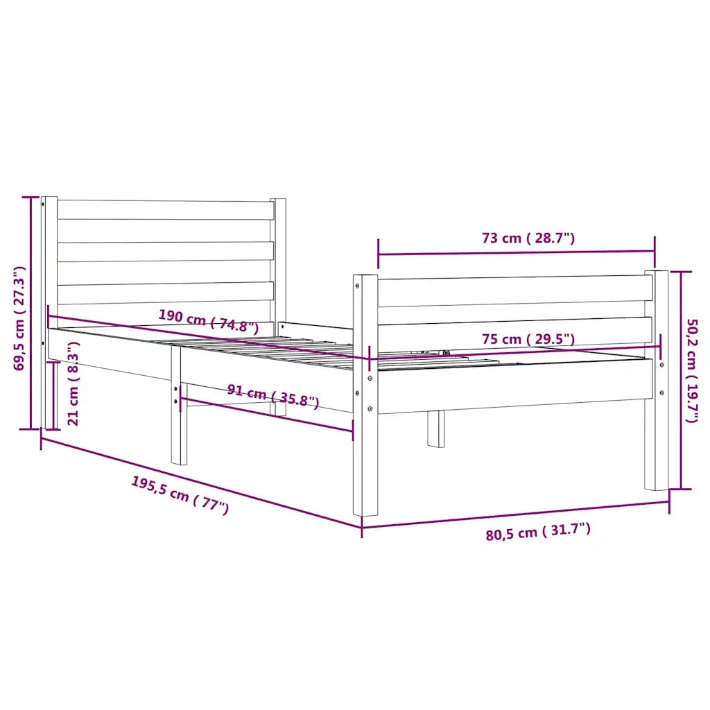 Letto singolo | Letto per adulti | Giroletto senza Materaso Ambra in Legno Massello 75x190 cm