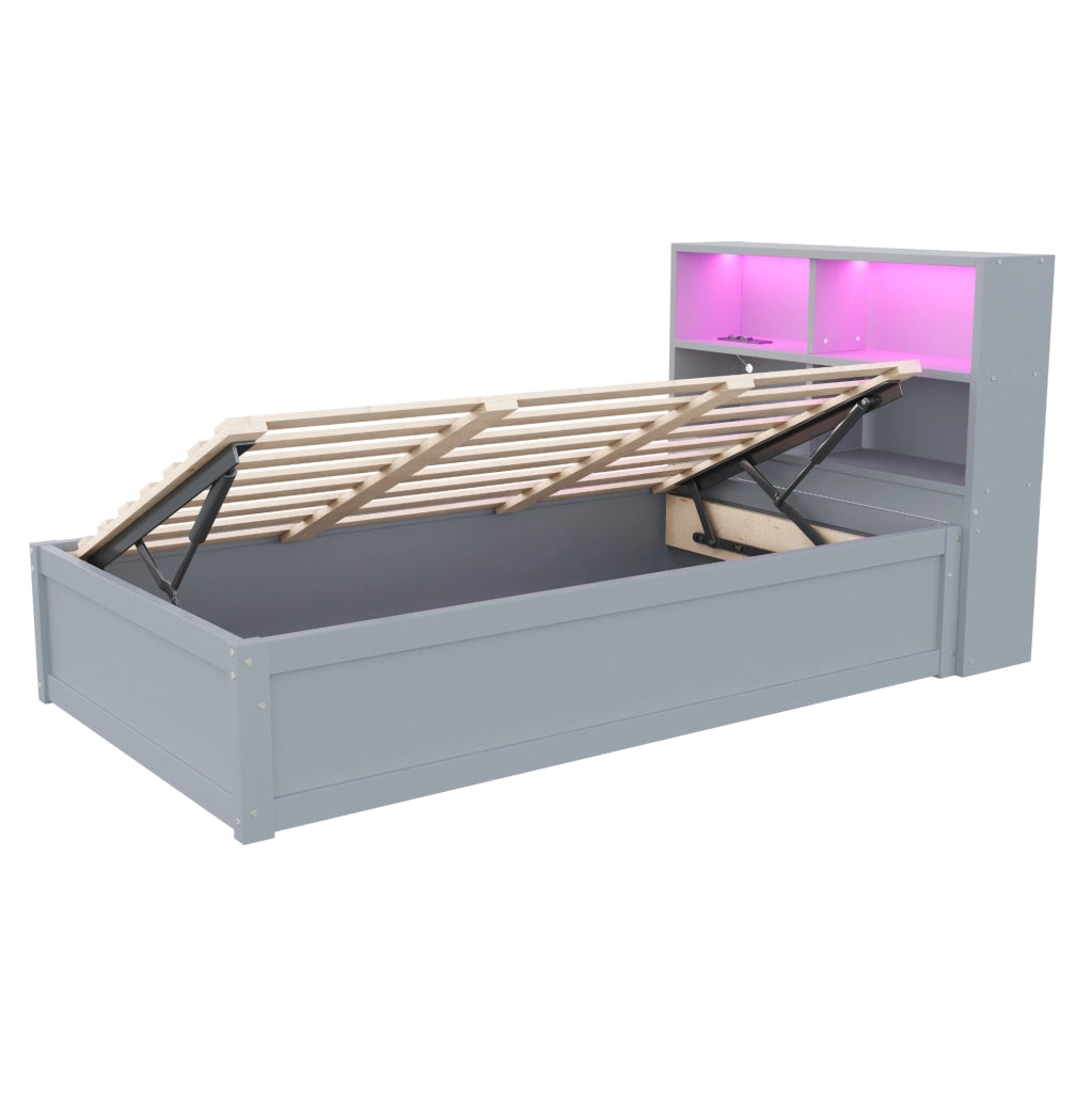 Letto multifunzione 90x200 cm grigio in legno con LED; presa integrata e 4 vani contenitore