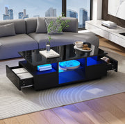 Tavolino da caffè 100x50x36 cm con 2 cassetti; LED; ripiani in vetro; nero lucido