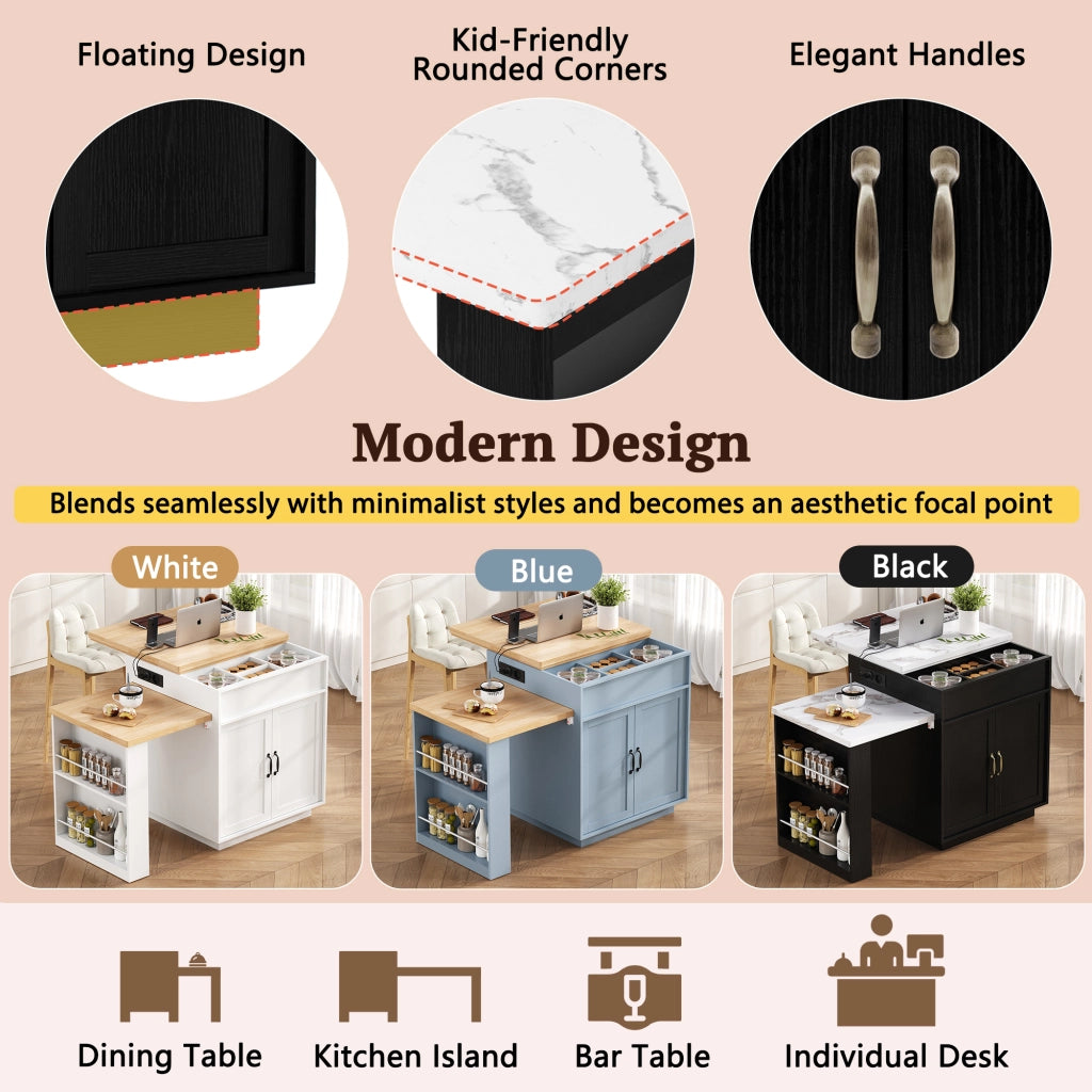 Carrello da Cucina con Tavolo Estensibile; 2 Cassetti; Ripiani Aperti; LED; USB e Type-C; in MDF; Nero