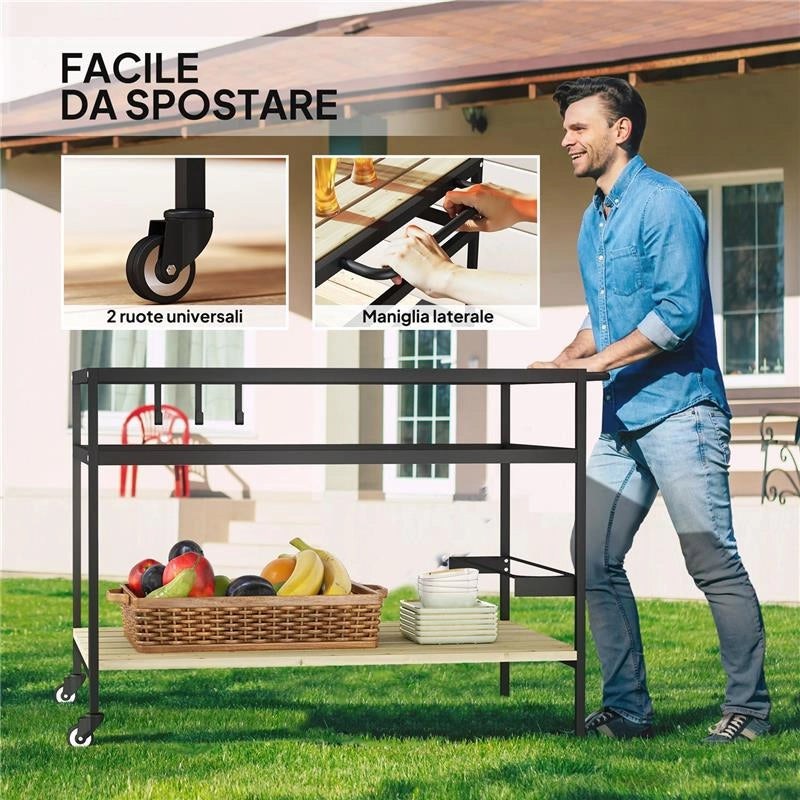 CARRELLO PORTAVIVANDE DA GIARDINO IN LEGNO A DOGHE E ACCIAIO, RIPIANO E MANIGLIA, 107X65X80 CM