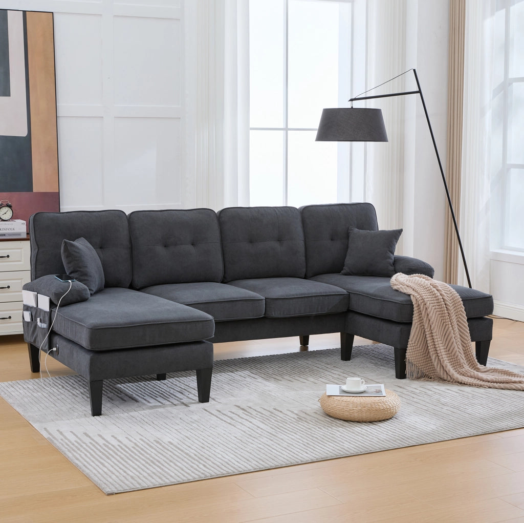 Divano angolare a U 4 posti in tessuto effetto lino; 250x130x88 cm; grigio scuro