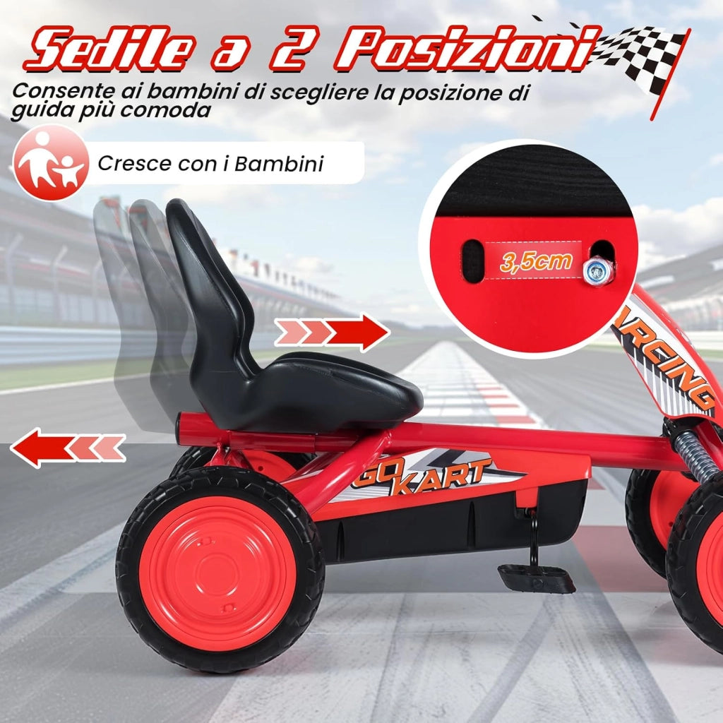 Go Kart a Pedali per Bambini, Veicolo a Pedali con Sedile Regolabile, 4 Ruote Resistenti, Macchina Elettrica per Bambini 3-8 Anni, Portata 30 kg (Rosso)