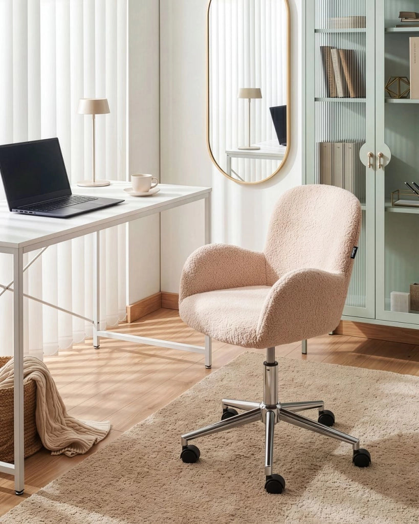 Sedia da ufficio girevole con altezza regolabile in tessuto boucle beige chiaro stile moderno retrò ufficio di casa