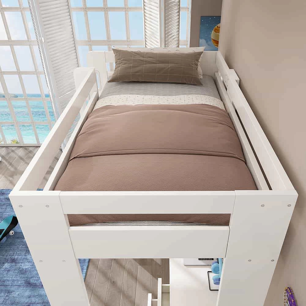 Letto a Soppalco Ragazzi – Xylo – 90x200cm, Scrivania USB-C, Armadio, Schedario, Scala, Doghe, Senza Materasso