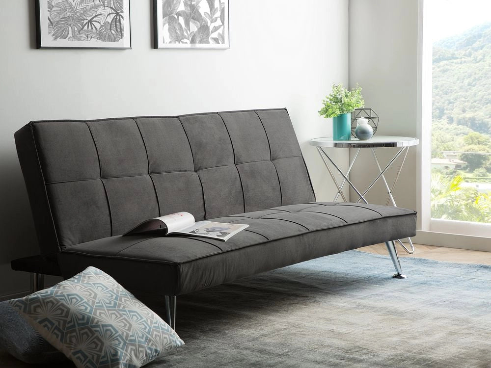 Divano Letto Grigio A 3 Posti Imbottito Trapuntato Gambe In Metallo Click Clack