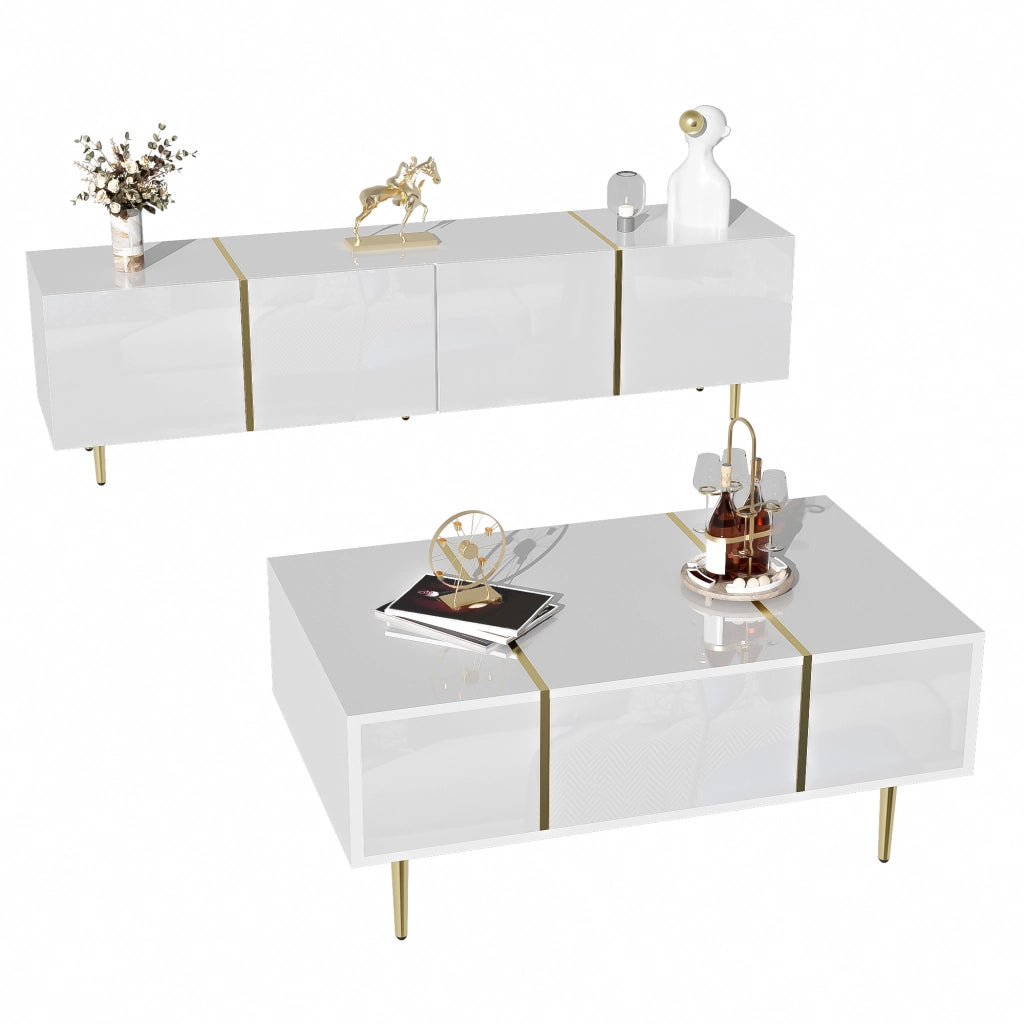 Set Mobile TV e Tavolino Bianco Lucido 170 cm in MDF con Dettagli Dorati