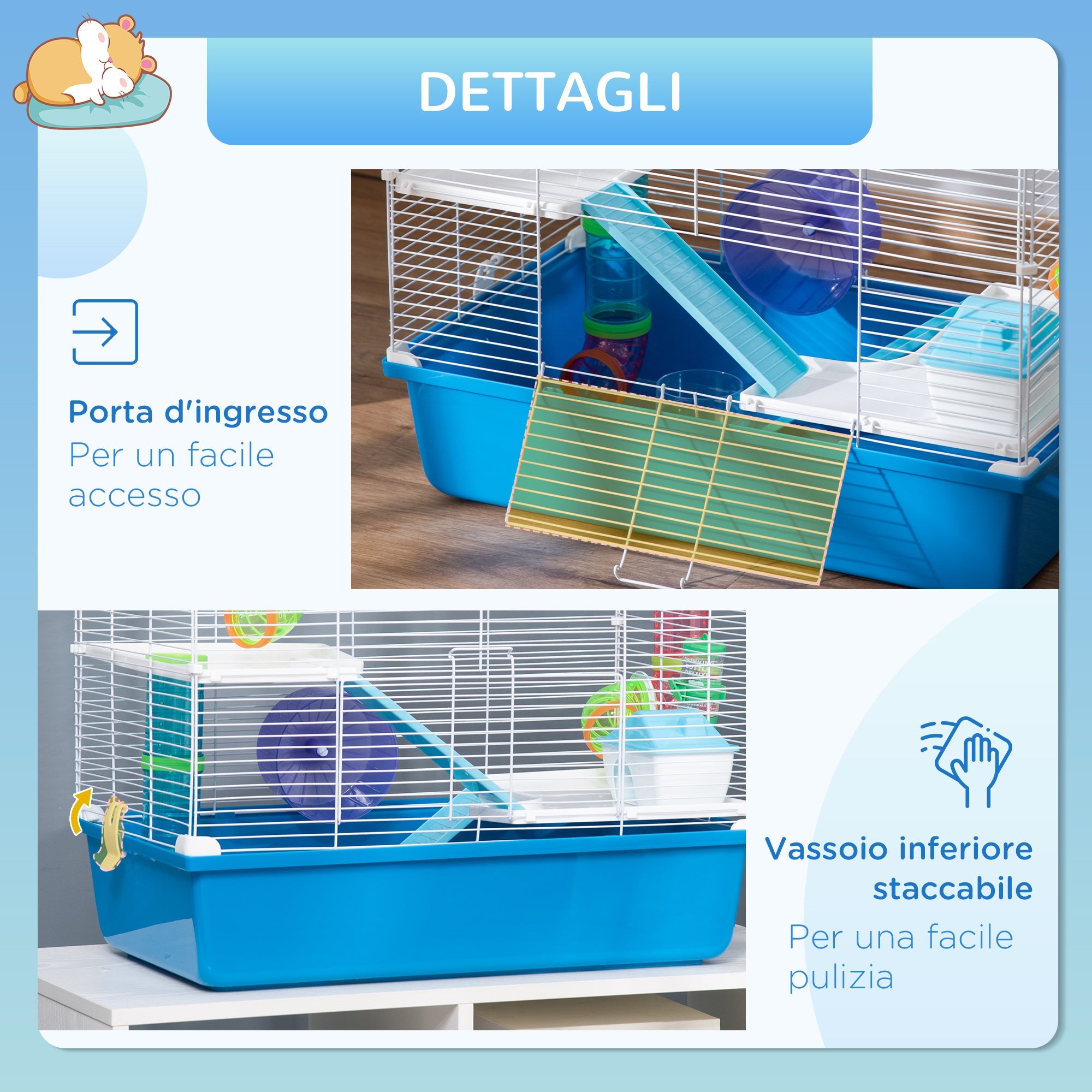 Gabbia per Criceti a 3 Livelli 59x36x47 cm con Tunnel Casetta e Ruota Blu e Bianco