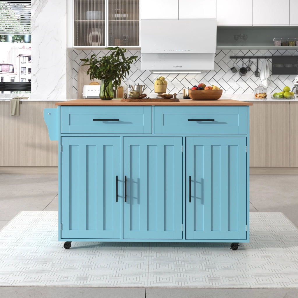 Carrello da cucina azzurro con piano pieghevole, ruote e cassetti
