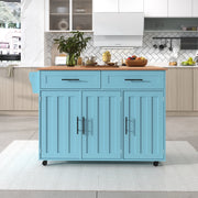Carrello da cucina azzurro con piano pieghevole, ruote e cassetti