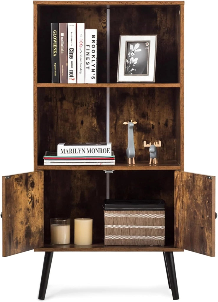 Libreria in Stile Retrò, Scaffale Portaoggetti a 2 Ripiani con Armadio, per Salotto Studio Ufficio, Marrone Vintage, 120x60x30 cm