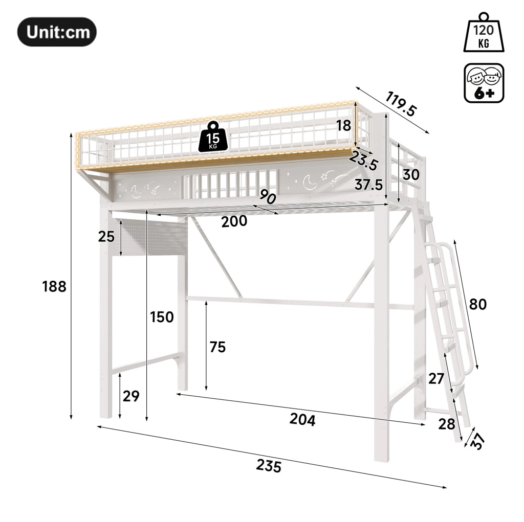 Letto a soppalco in metallo 90 x 200 cm con vani portaoggetti; bianco