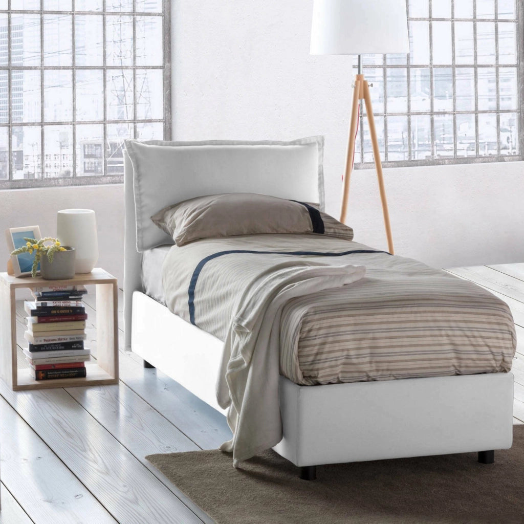 Letto singolo Aigor, Letto contenitore con rivestimento in tessuto, Made in Italy, Apertura frontale, adatto per materasso cm 90x190, Bianco
