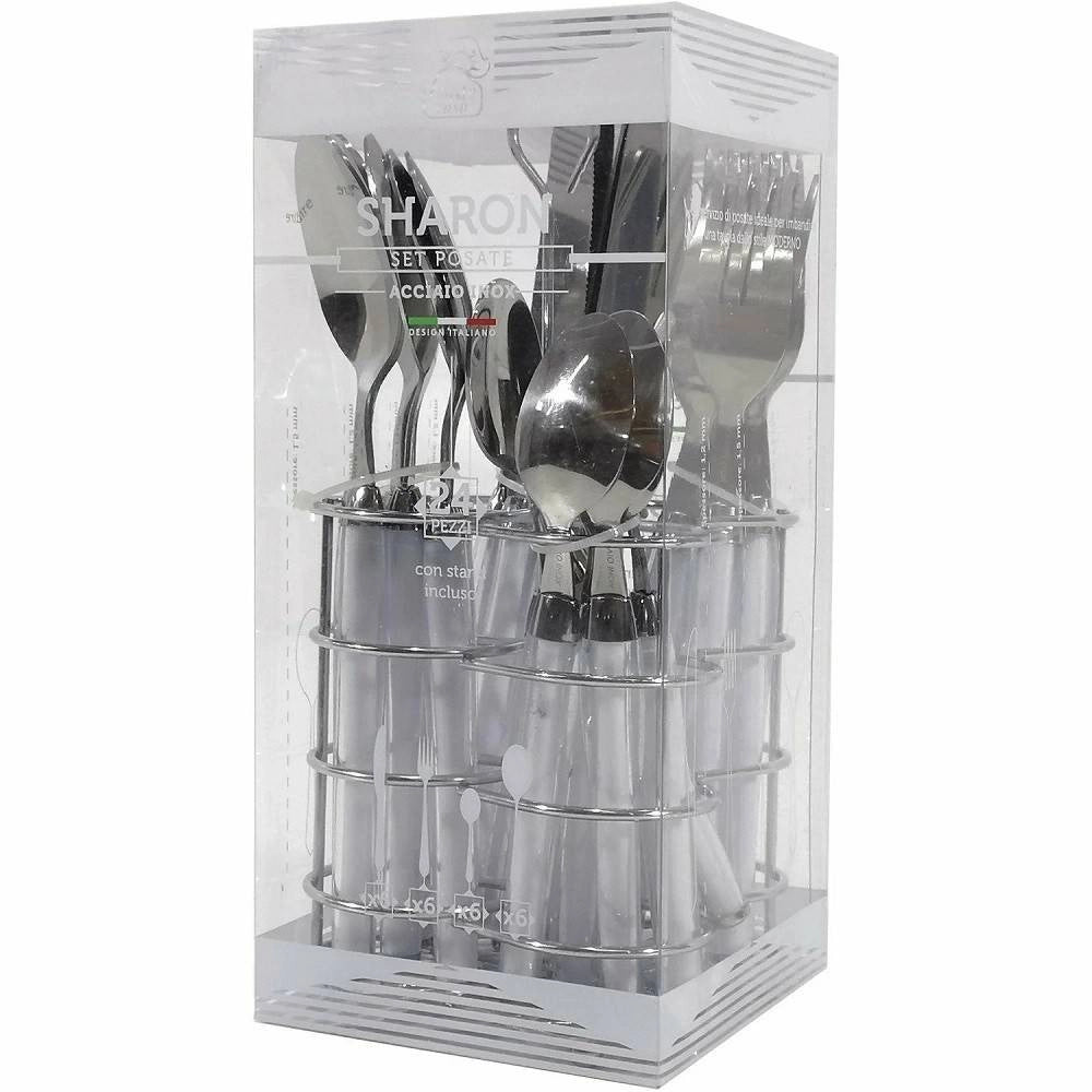 Trade Shop - Servizio Posate 24 Pezzi Bianco In Acciaio Inox Con Stand Sharon Tavola Cucina -