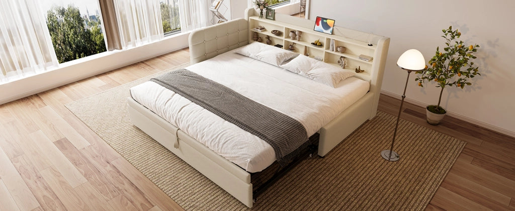 DESMIU Letto divano 90 × 200 cm 1 posto con USB, Type-C, ripiani, senza materasso, in lino, beige