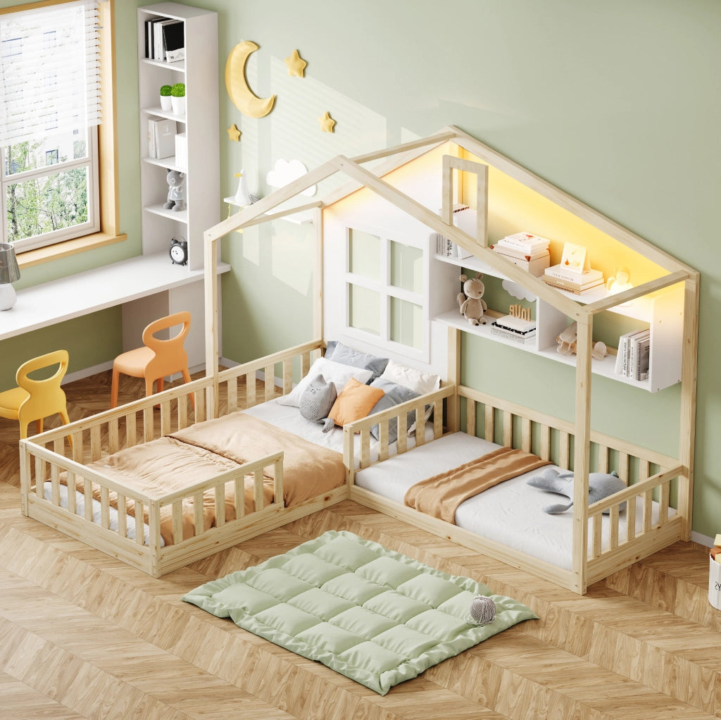 Letto per bambini a casetta 90x200 cm con LED, mensole e sponde di sicurezza