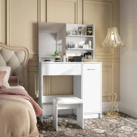 Toeletta Trucco con Specchio e Sgabello, Cassetto, Armadietto e Ripiani in Legno, Bianco
