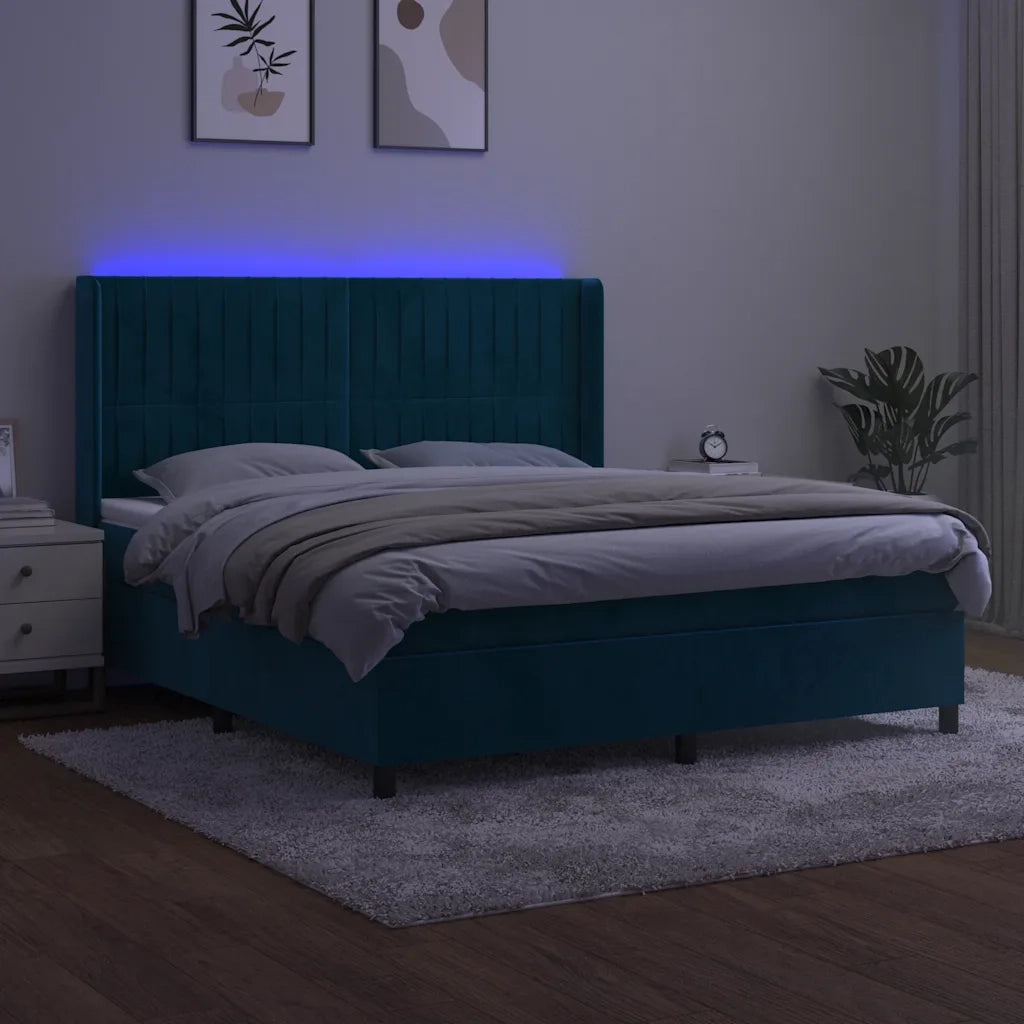Letto a Molle con Materasso e LED Blu Scuro 160x200 cm