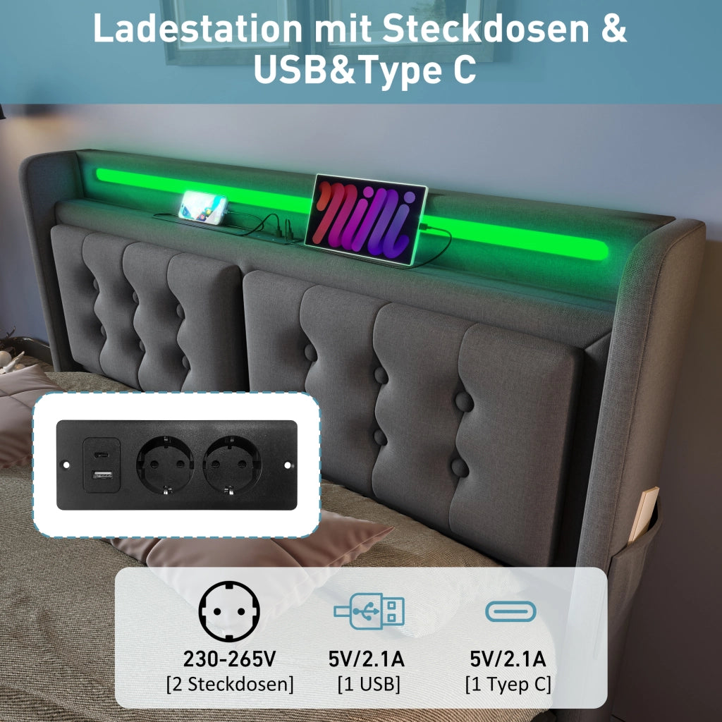 letto imbottito cotone lino grigio 160 x 200 cm