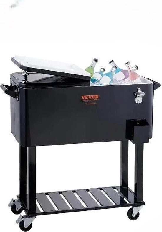 Iscialatore portatile con manubrio - IJskist con apri birra e contenitore di raccolta integrato - Con ruote - 80L - 18kg - 93cm x 46cm x 89cm - Nero