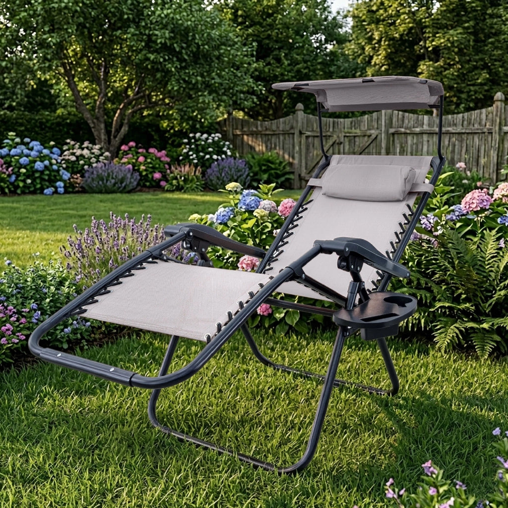 Sedia Sdraio 0 Gravità Pieghevole Professionale con Tettuccio Parasole e Poggiapiedi in Acciaio e Textilene – Reclinabile con Cuscino e Porta Bevande, Ideale per Giardino, Piscina e Campeggio Grigio