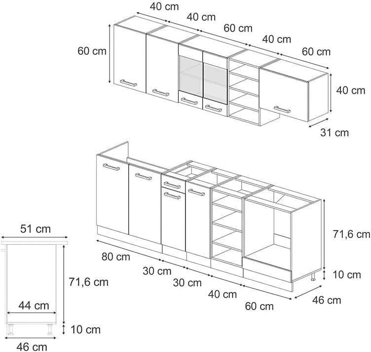 Cucina componibile R-Line, Calcestruzzo/quercia dorata, 240 cm senza piano di lavoro