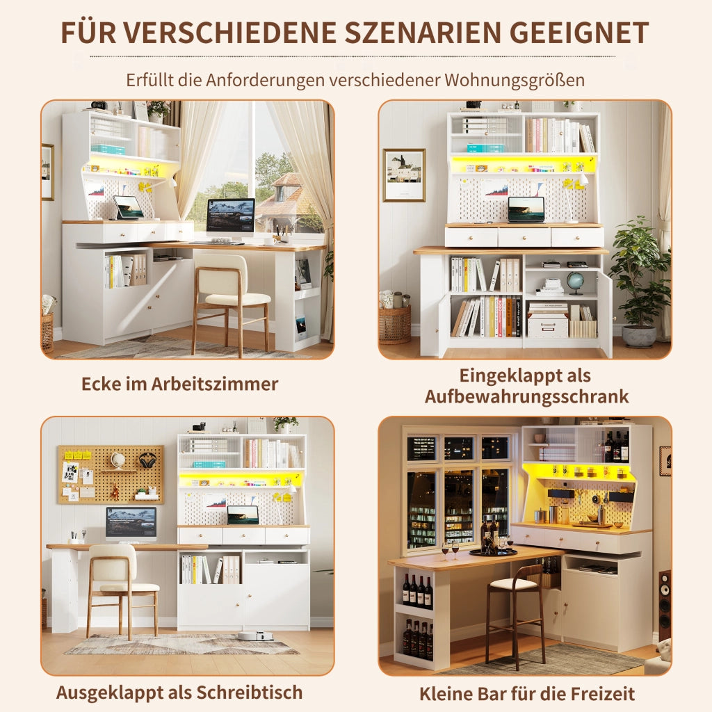 OKWISH Credenza Alta da Cucina con Piano Estensibile e LED, per Cucina o Sala da Pranzo, MDF, Bianco, 137 x 45 x 178 cm