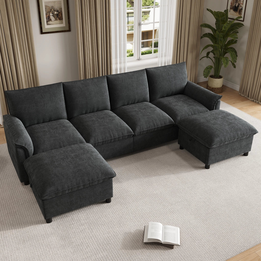 Divano modulare a U in tessuto Chenille nero con 2 pouf mobili, schienale alto e vano contenitore