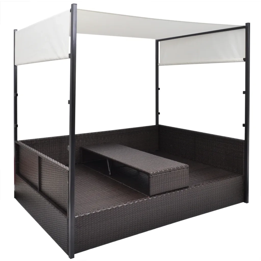 Lettino da Giardino con Tetto Marrone 190x130 cm in Polyrattan 42900