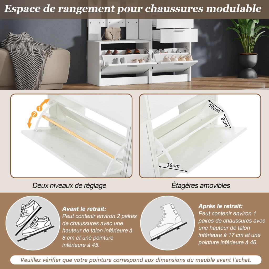 Appendiabiti con specchio; 2 cassetti; 2 scarpiere; 3 ganci e ripiani per ingresso 110 Ã— 34 Ã— 185 cm