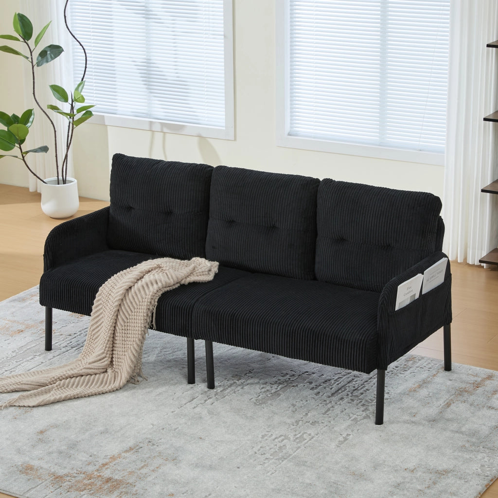 Divano a tre posti in velluto a coste con schienale ergonomico, tasca laterale e struttura in metallo nero 171 × 72 × 80 cm