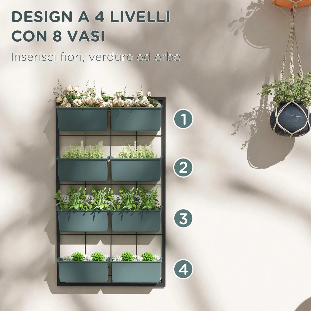 Orto Verticale da Parete a 4 Livelli 52x14x90 cm con 8 Vasi in Acciaio e Plastica Verde Scuro e Nero
