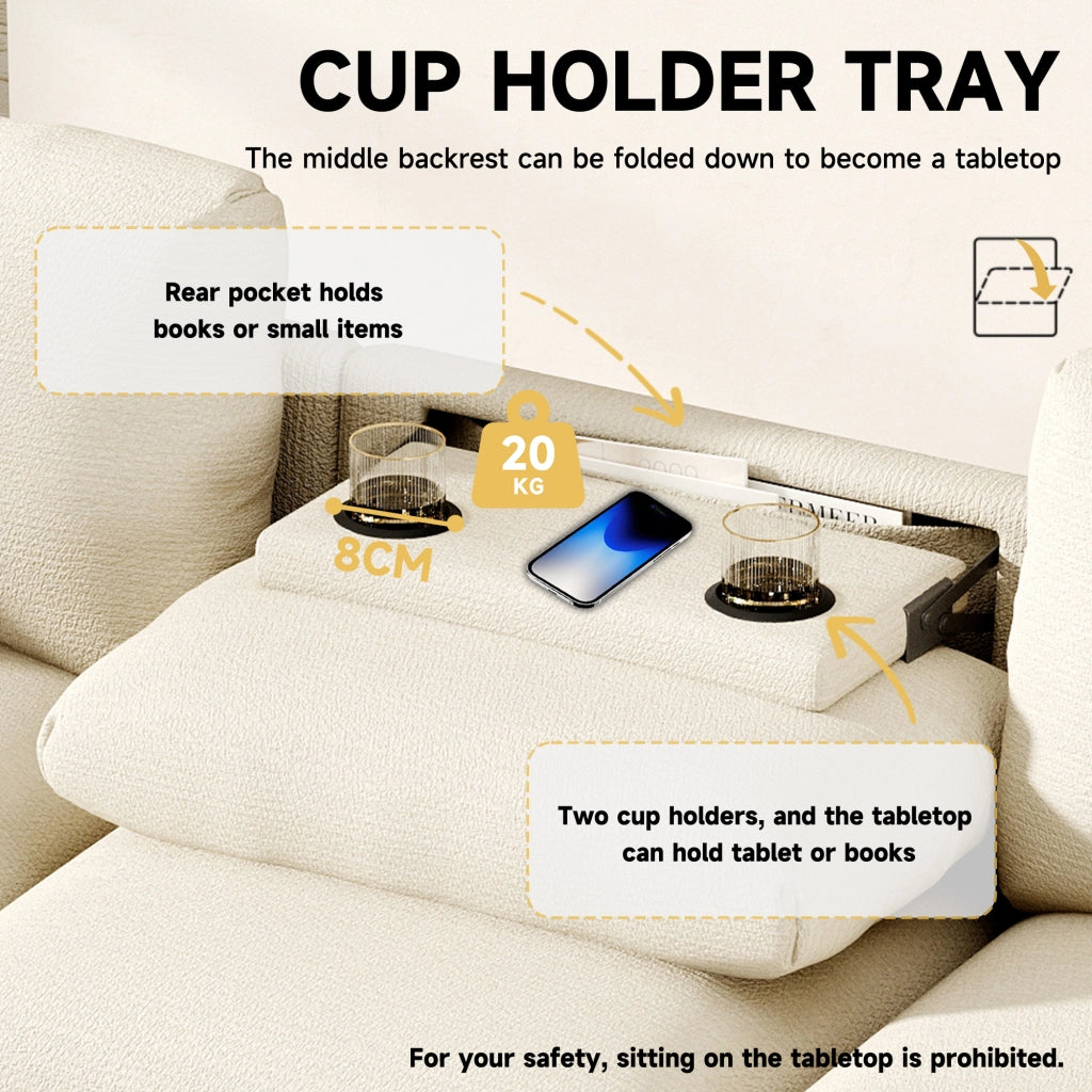 Divano lineare 3 posti con tavolino ribaltabile; USB e contenitore in chenille beige