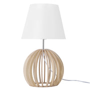 Lampada da Tavolo Rotonda Base in Legno Chiaro Paralume in Tessuto Bianco Moderna