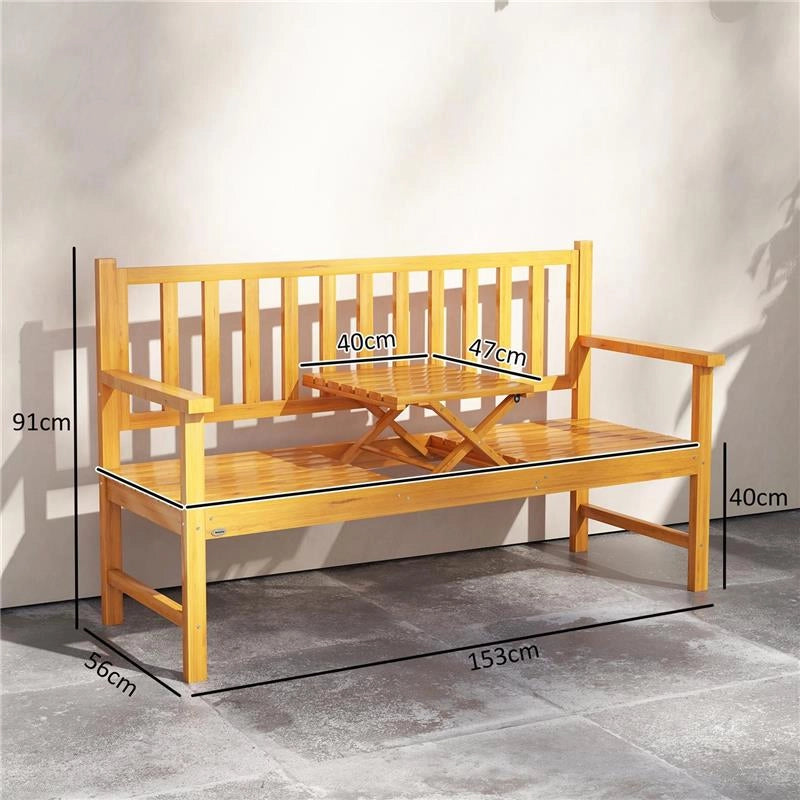 PANCHINA DA GIARDINO CON TAVOLINO CENTRALE SOLLEVABILE E BRACCIOLI, IN LEGNO, 153X56X91 CM, MARRONE CHIARO